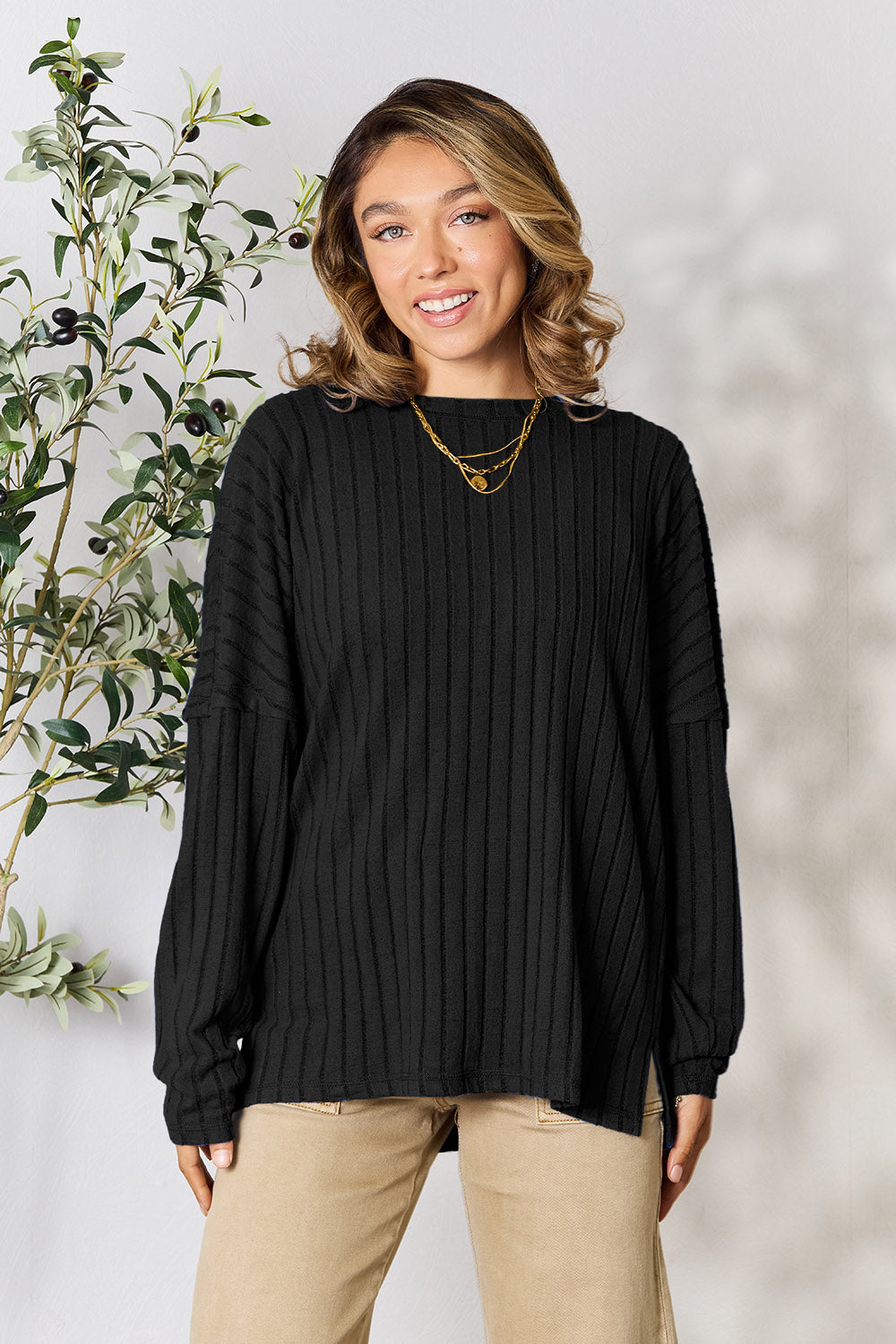 Basic Bae Full Size Ribbed Round Neck Slit Knit Top - Charming Charlie