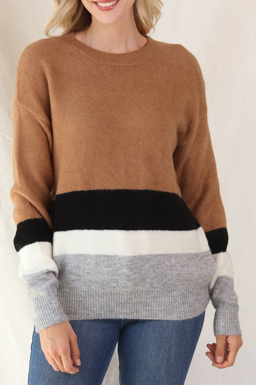 Color Block Round Neck Dropped Shoulder Sweater - Charming Charlie