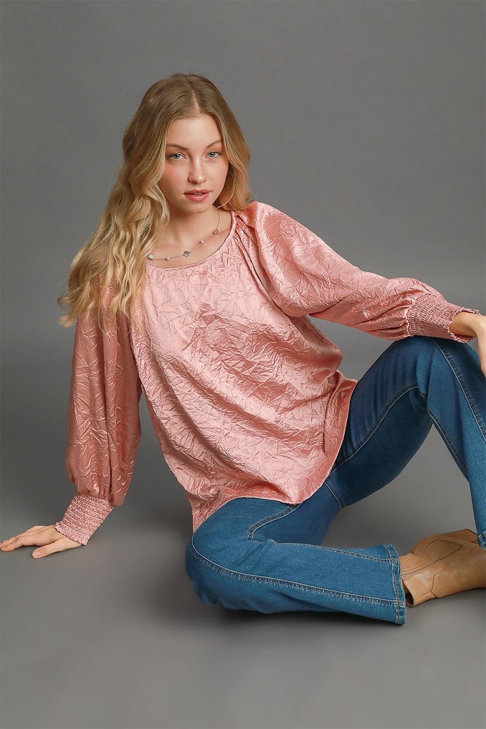 Umgee Wrinkled Round Neck Lantern Sleeve Blouse - Charming Charlie