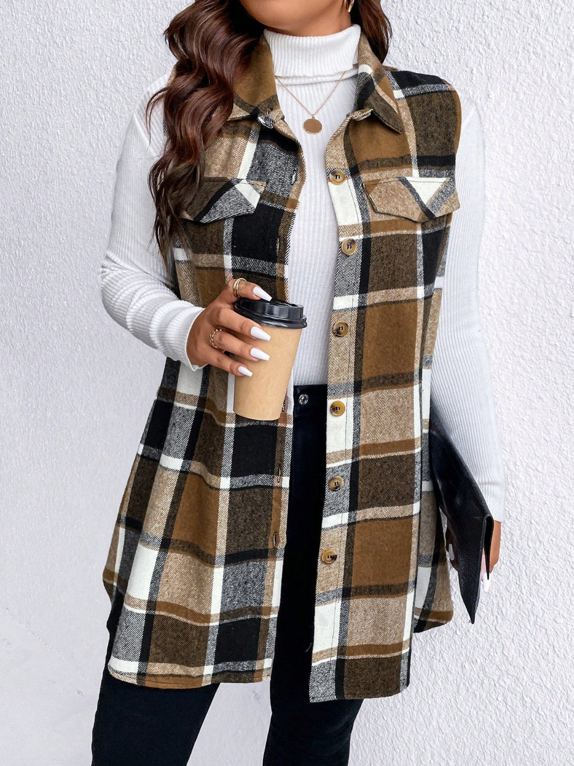 Honey Plus Size Pocketed Plaid Button Up Vest Coat - Charming Charlie