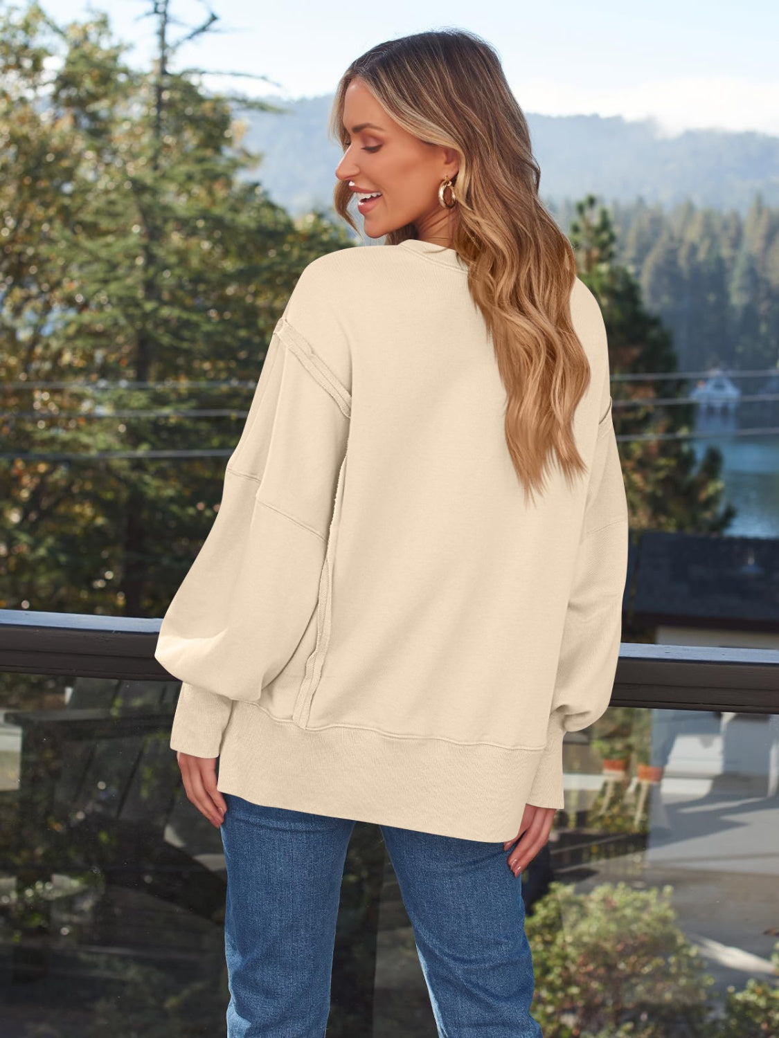 Slit Round Neck Long Sleeve Sweatshirt - Charming Charlie