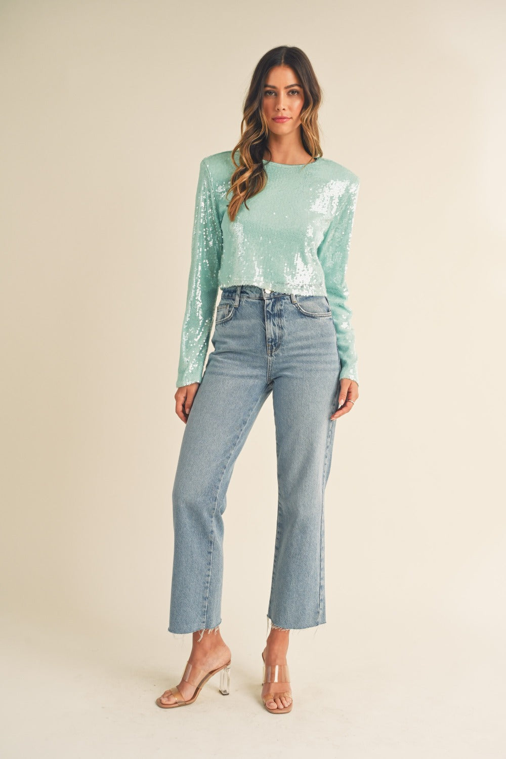MABLE Shoulder Padded Sequin Crop Top - Charming Charlie