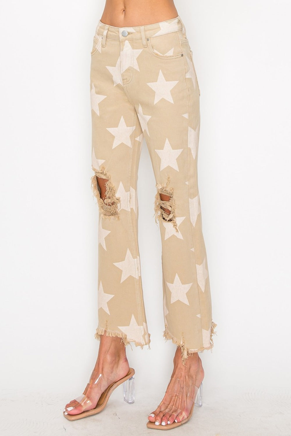 RISEN Full Size High Rise Star Printed Frayed Hem Jeans - Charming Charlie