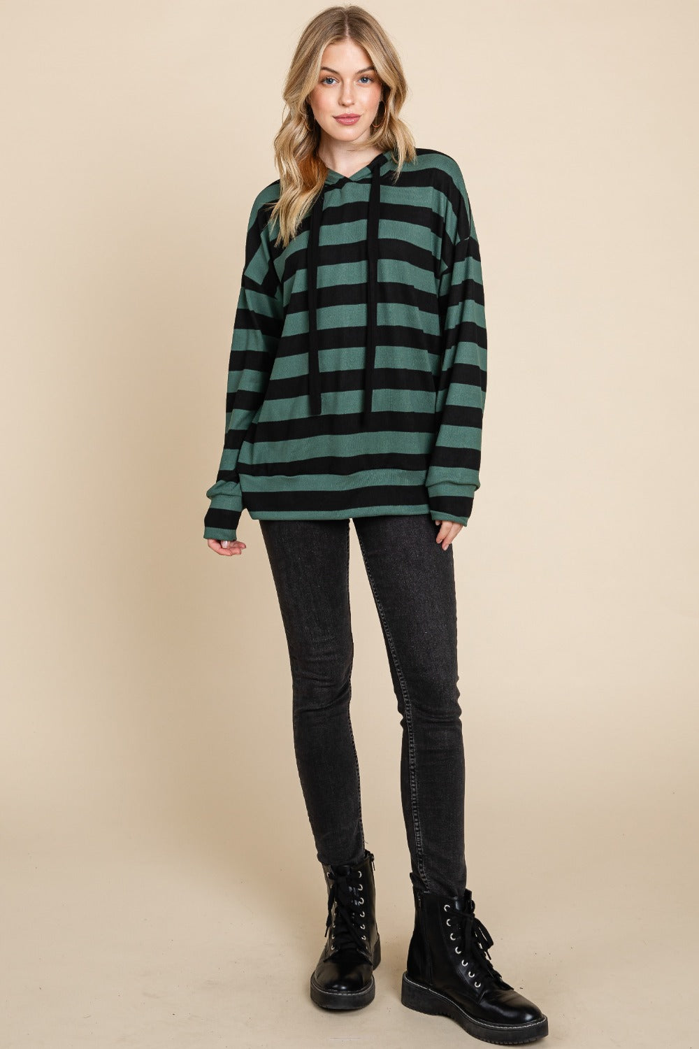 BOMBOM Drawstring Striped Dropped Shoulder Hoodie - Charming Charlie