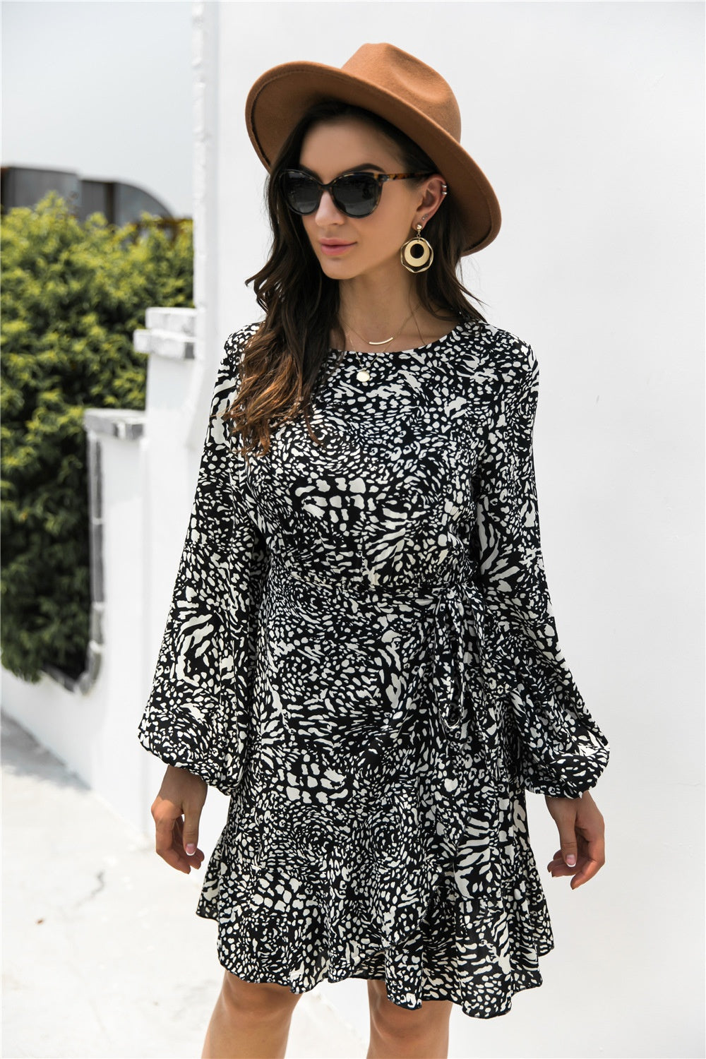 Animal Print Round Neck Balloon Sleeve Mini Dress - Charming Charlie
