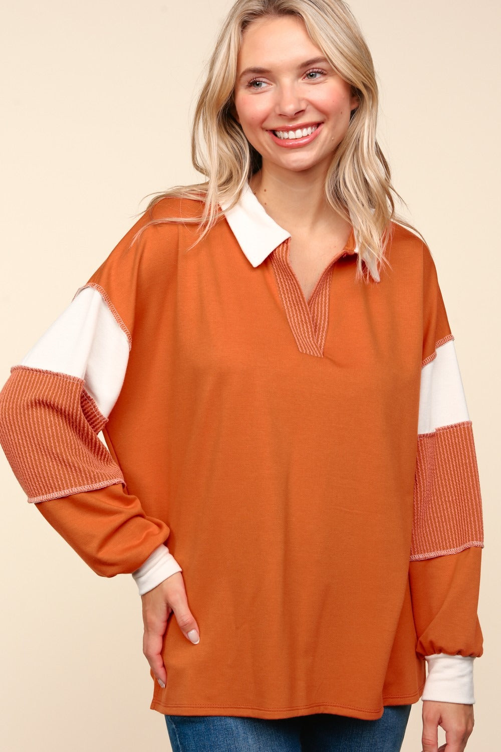 Haptics Color Block Exposed Seam Long Sleeve Top - Charming Charlie