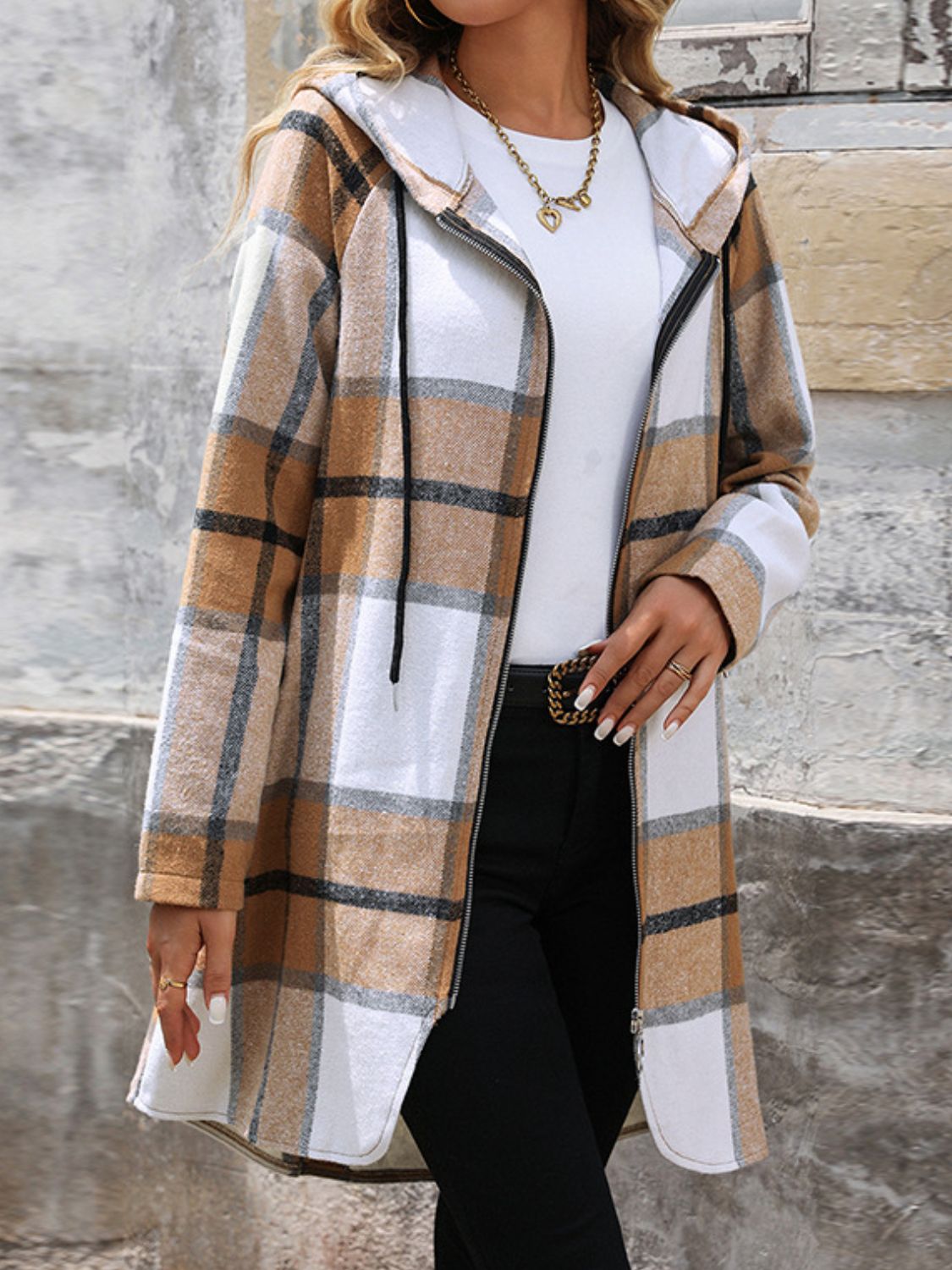 Drawstring Plaid Zip Up Long Sleeve Hooded Outerwear - Charming Charlie