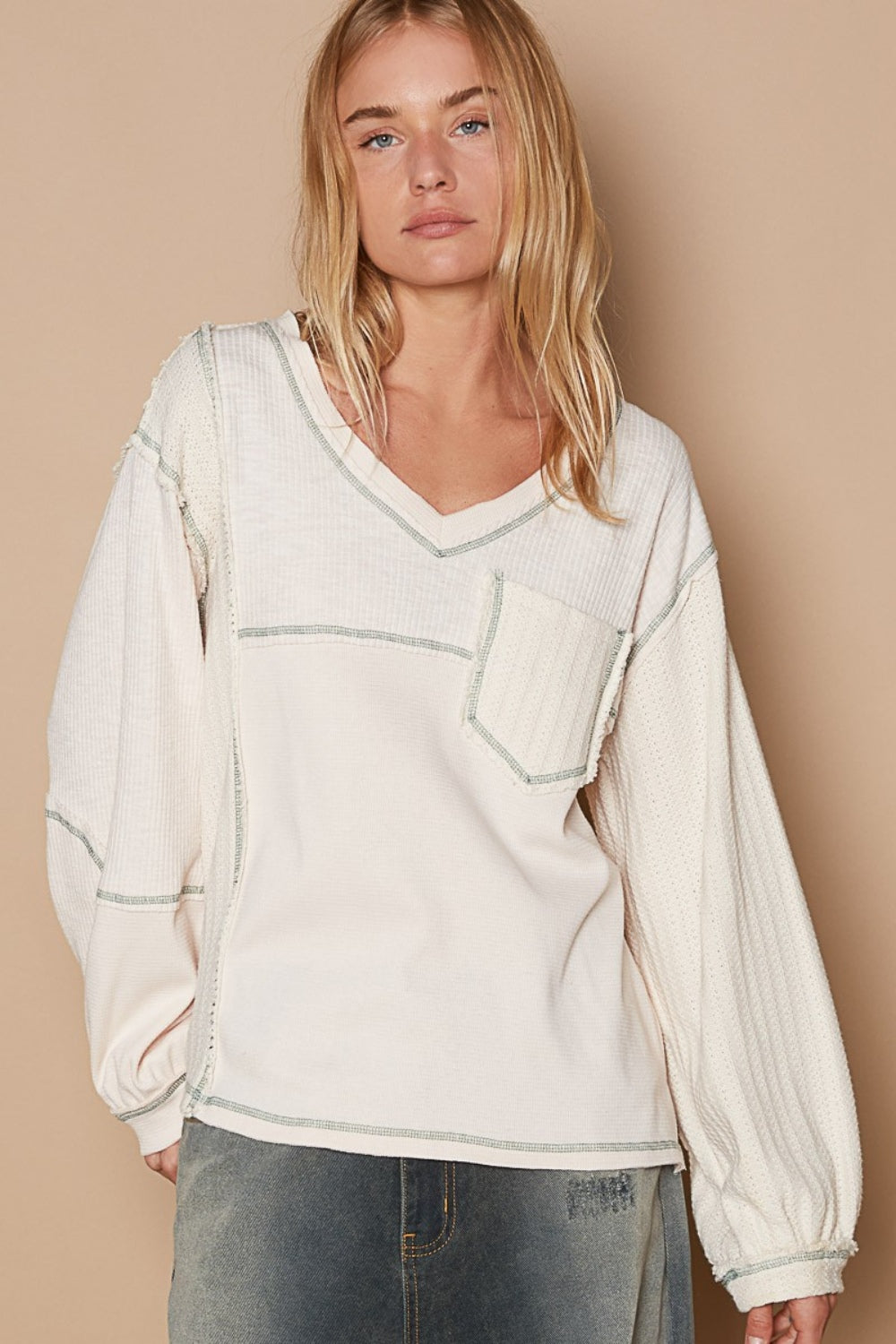POL V-Neck knit Panel Exposed Seam Top - Charming Charlie