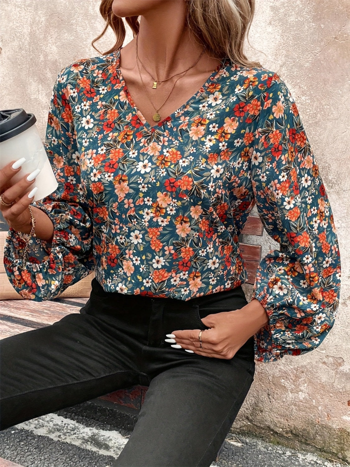 Printed V-Neck Balloon Sleeve Blouse - Charming Charlie