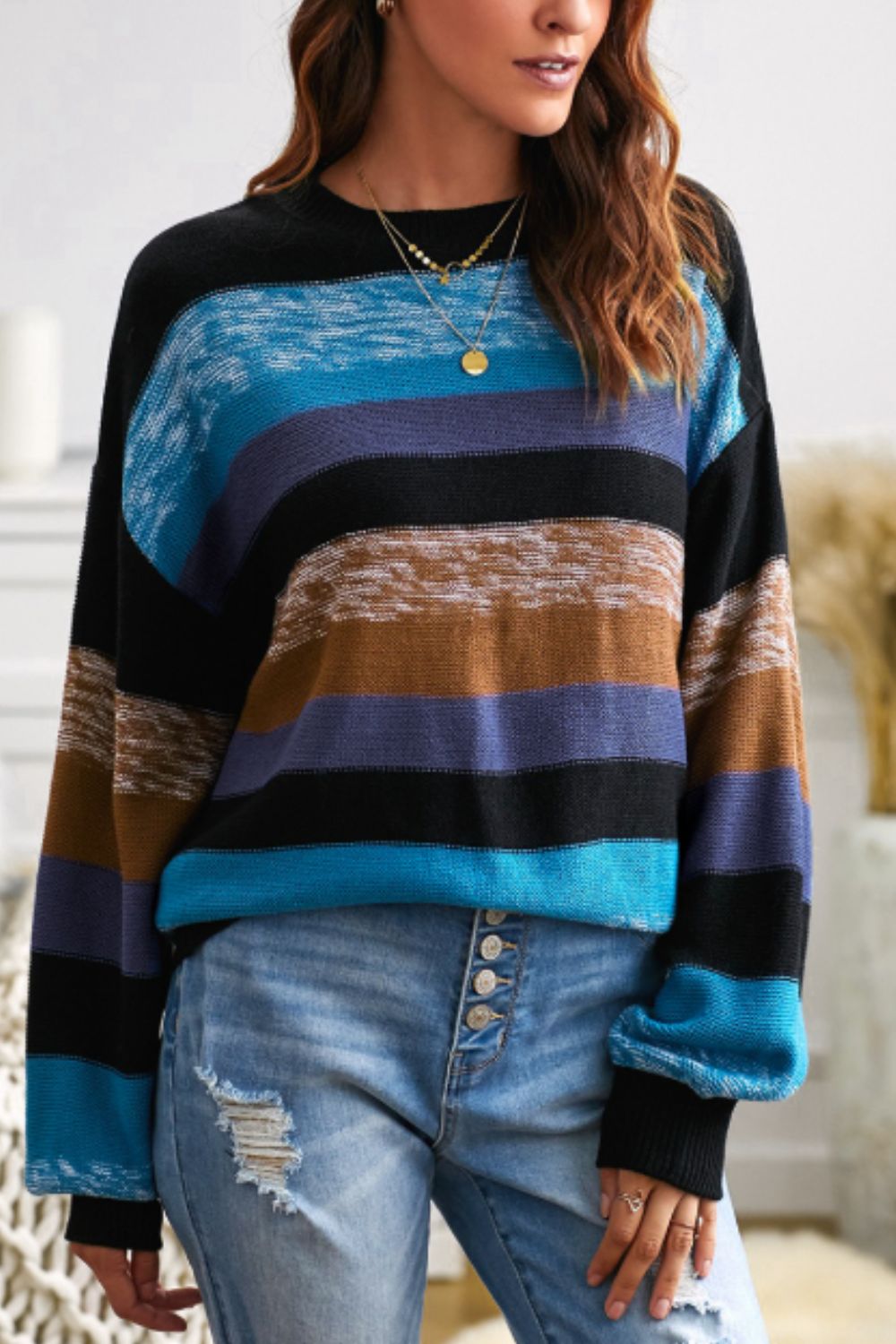 Contrast Striped Round Neck Drop Shoulder Sweater - Charming Charlie