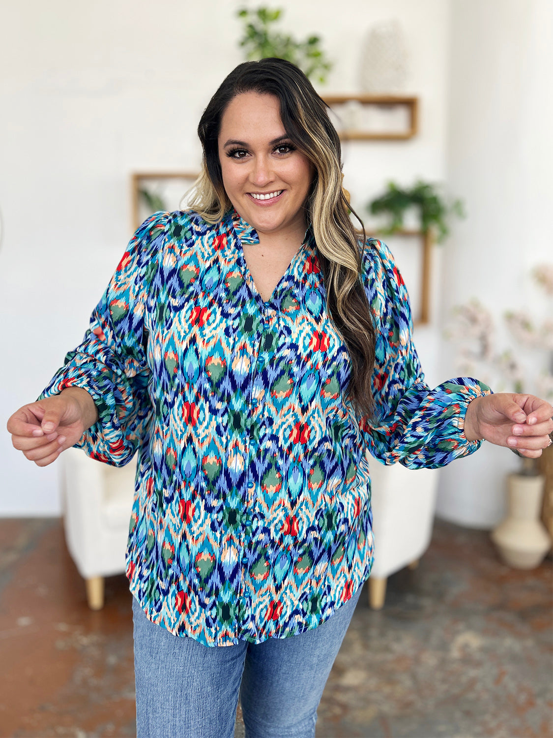 Double Take Full Size Printed Balloon Sleeve Blouse - Charming Charlie