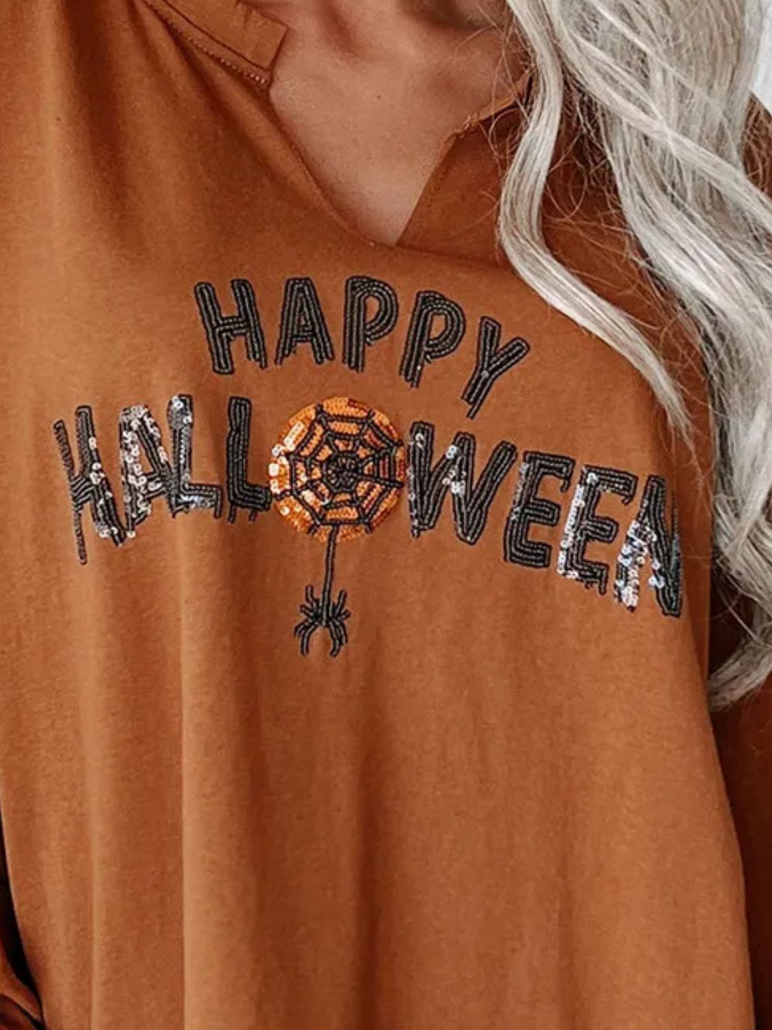 Sequin Letter Graphic Notched Long Sleeve Sweatshirt - Charming Charlie