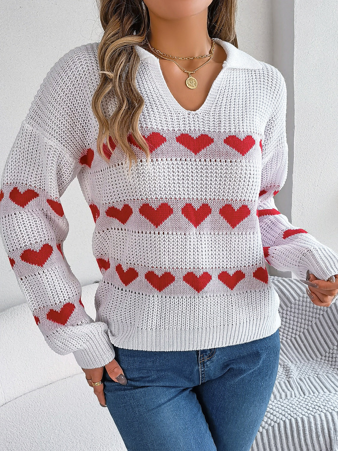 Heart Johnny Collar Long Sleeve Sweater - Charming Charlie