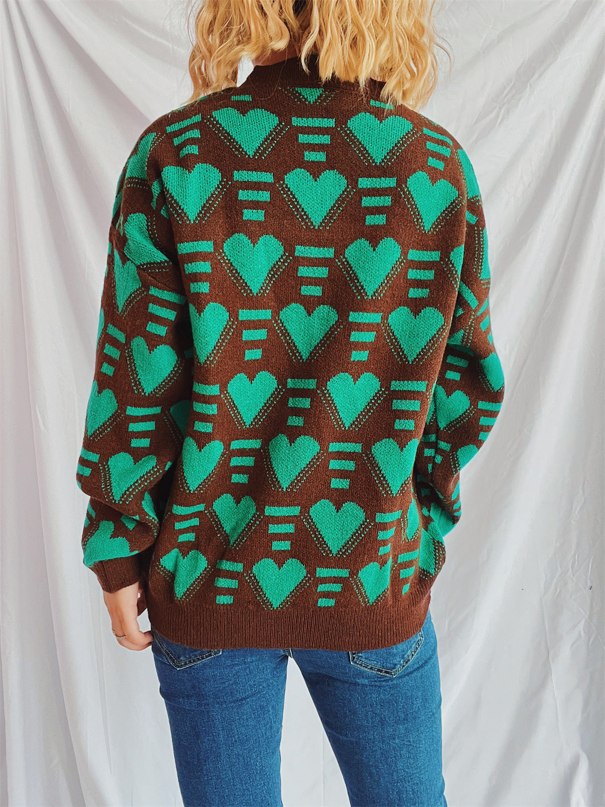 Heart Contrast Long Sleeve Dropped Shoulder Sweater - Charming Charlie