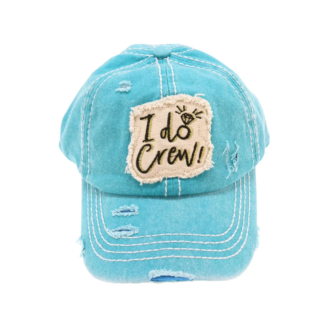 Turquoise Distressed I Do Crew CC Ball Cap combines a vintage-inspired worn look with modern comfort. Crafted with durable materials, this cap offers a relaxed fit and adjustable strap for a personalized feel. Its distressed detailing adds character, making it a stylish accessory for casual outings or outdoor activities. Ideal for those seeking both function and fashion in headwear.