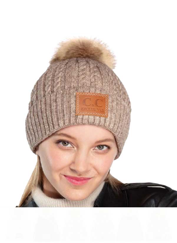 Double Braided Knit Faux Fur Pom C.C Beanie - Beanies