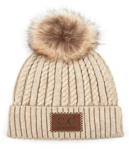 Beige C.C Double Braided Beanie Faux Fur Pom Pom & Leather Patch Winter Hat; reach for this classic toasty hat to keep you nice n warm in the chilly winter weather, the wintry touch finish to your outfit. Perfect Gift Birthday, Christmas, Holiday, Anniversary, Stocking Stuffer, Secret Santa, Valentine's Day, Loved One, BFF