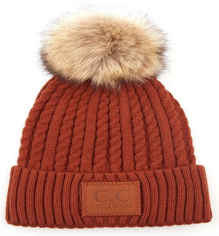 Rust C.C Double Braided Beanie Faux Fur Pom Pom & Leather Patch Winter Hat; reach for this classic toasty hat to keep you nice n warm in the chilly winter weather, the wintry touch finish to your outfit. Perfect Gift Birthday, Christmas, Holiday, Anniversary, Stocking Stuffer, Secret Santa, Valentine's Day, Loved One, BFF