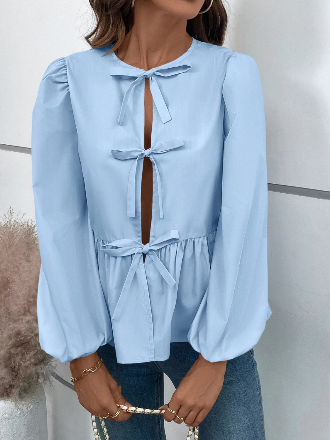 Peplum Tied Long Sleeve Blouse - Charming Charlie