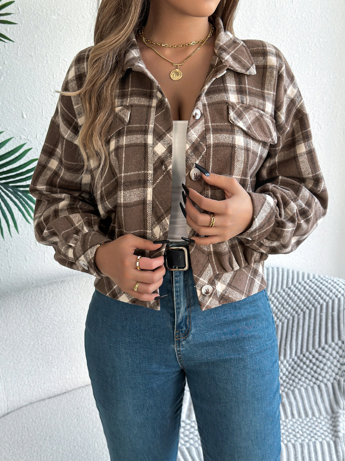 Plaid Button Up Long Sleeve Jacket - Charming Charlie