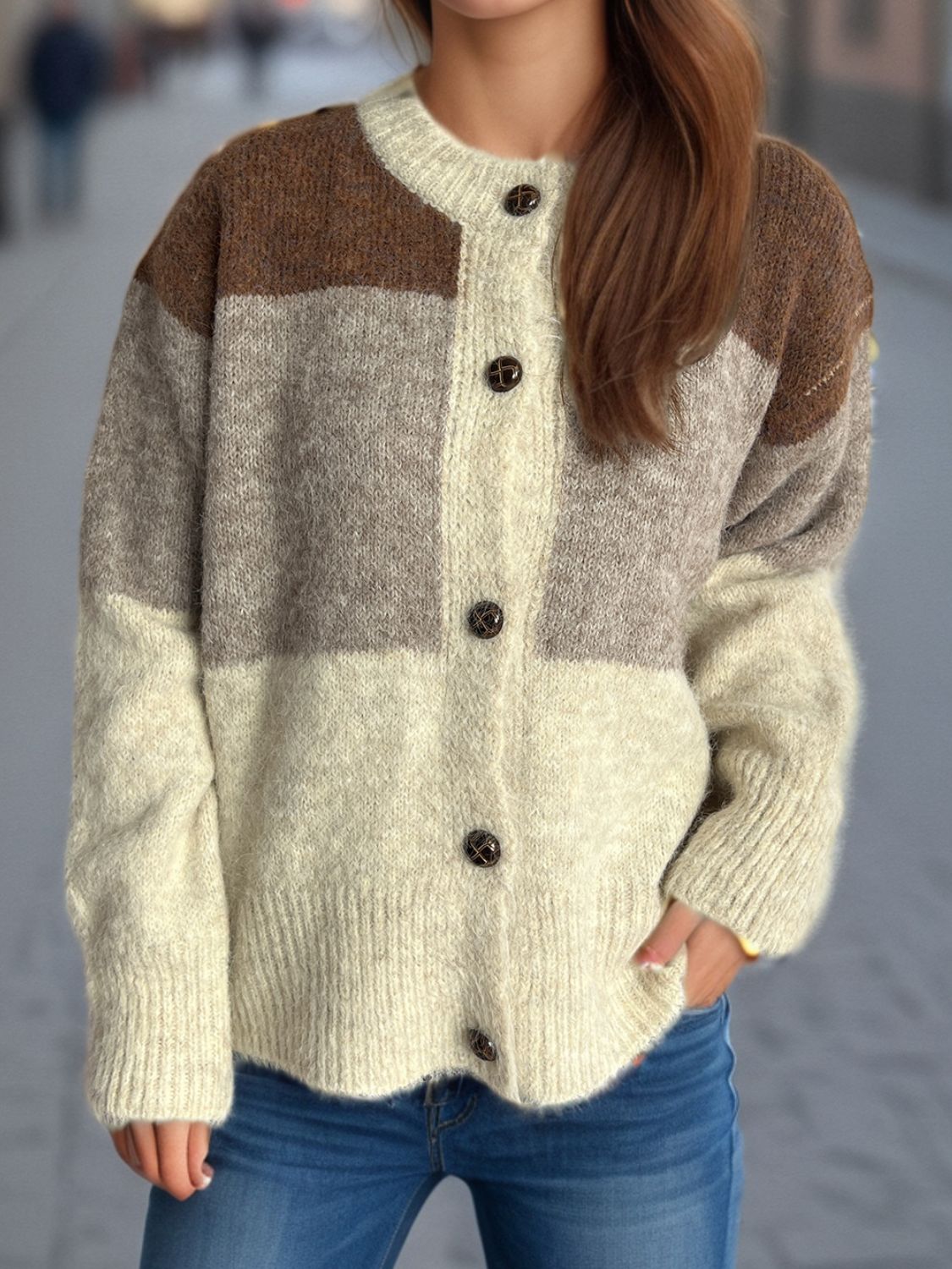Color Block Round Neck Button Up Cardigan - Charming Charlie