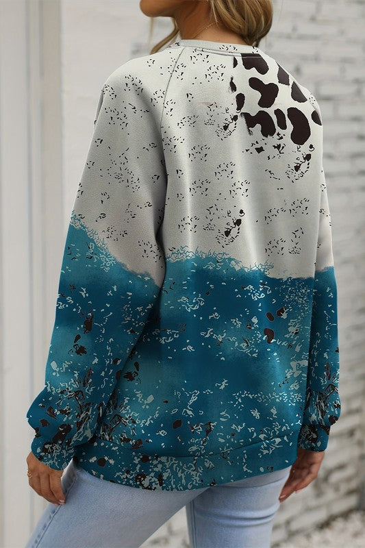 Blue Tie Dye Cow Color Block Pullover Sweatshirt - Charming Charlie