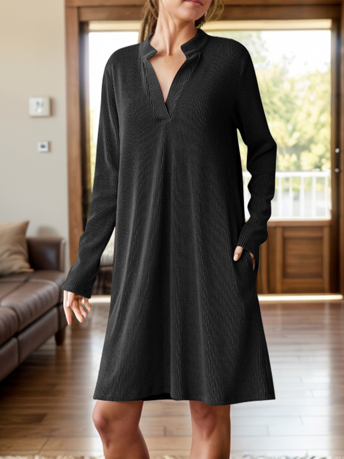 Notched Long Sleeve Mini Dress with Pockets - Charming Charlie