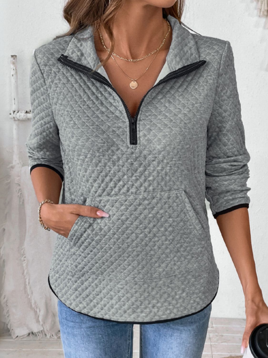 Perfee Texture Half Zip Long Sleeve Sweatshirt - Charming Charlie