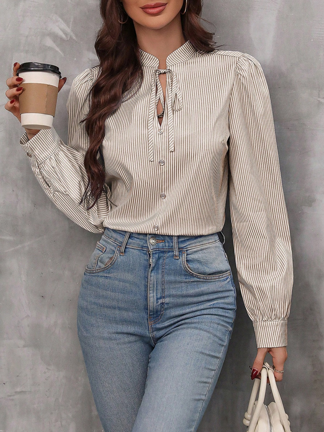 Striped Tie Neck Long Sleeve Blouse - Charming Charlie