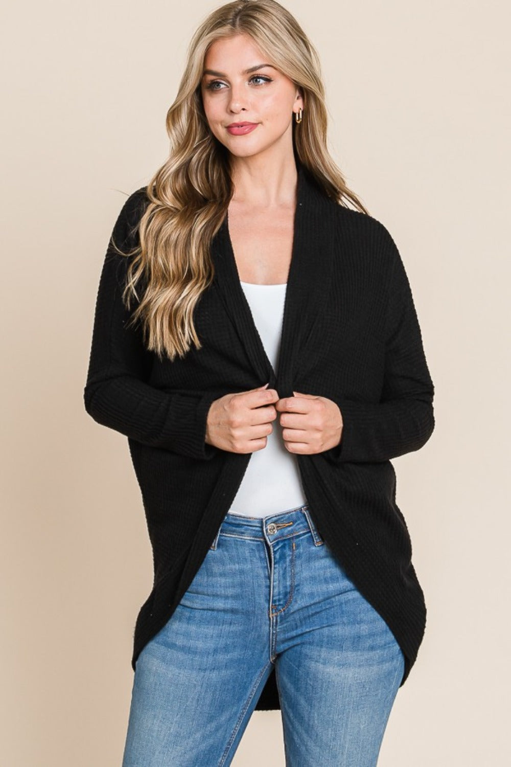 BOMBOM Open Front Waffle Knit Cocoon Cardigan - Charming Charlie