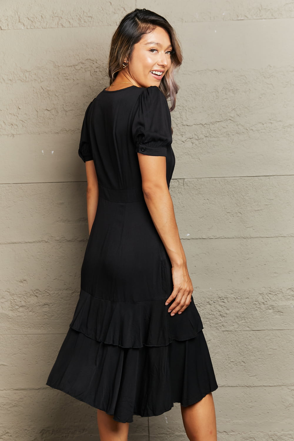 Decorative Button Surplice Ruffle Hem Dress - Charming Charlie