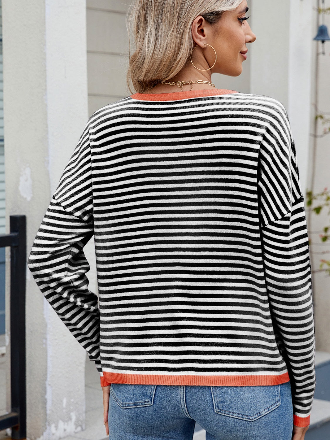 Striped Contrast Round Neck Long Sleeve Sweater - Charming Charlie