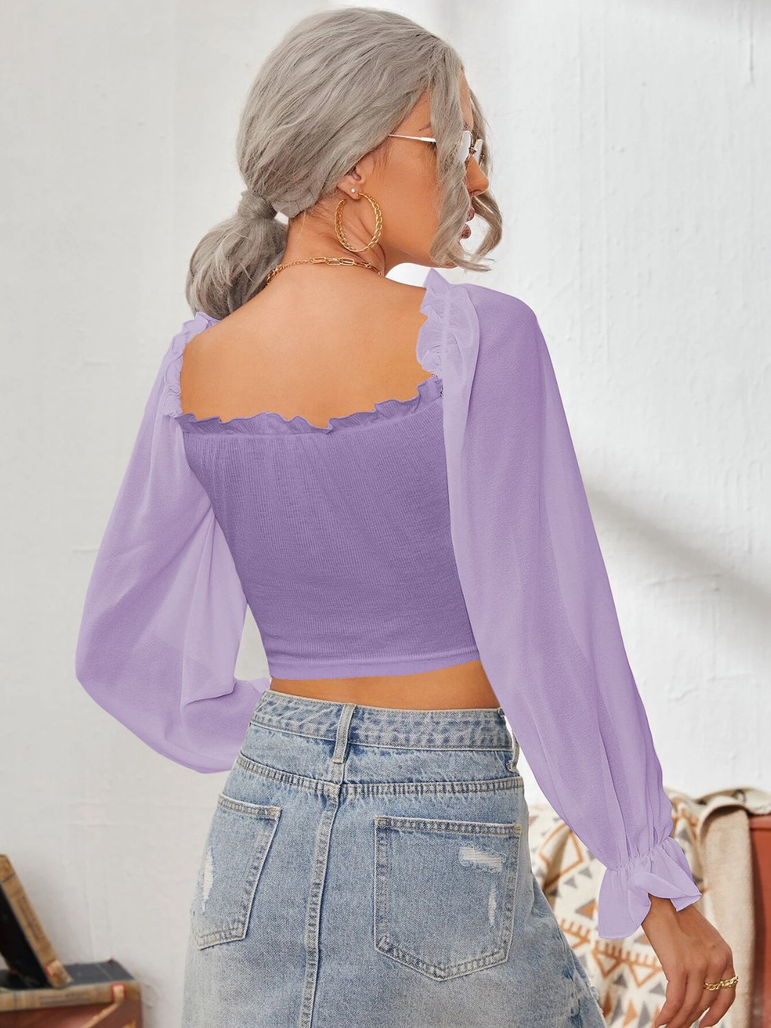 Mesh Sweetheart Neck Flounce Sleeve Top - Charming Charlie