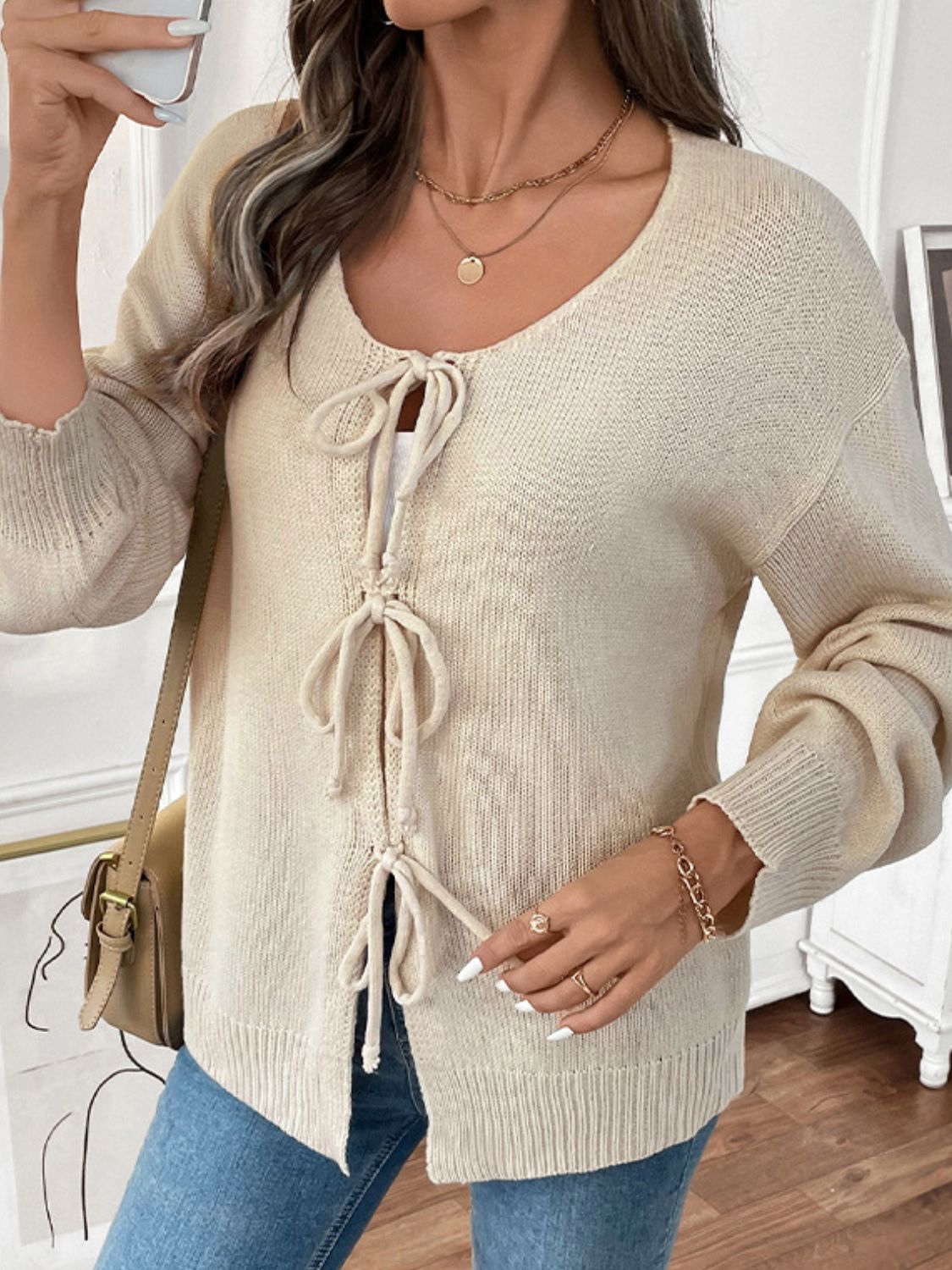 Perfee Tied Round Neck Long Sleeve Cardigan - Charming Charlie