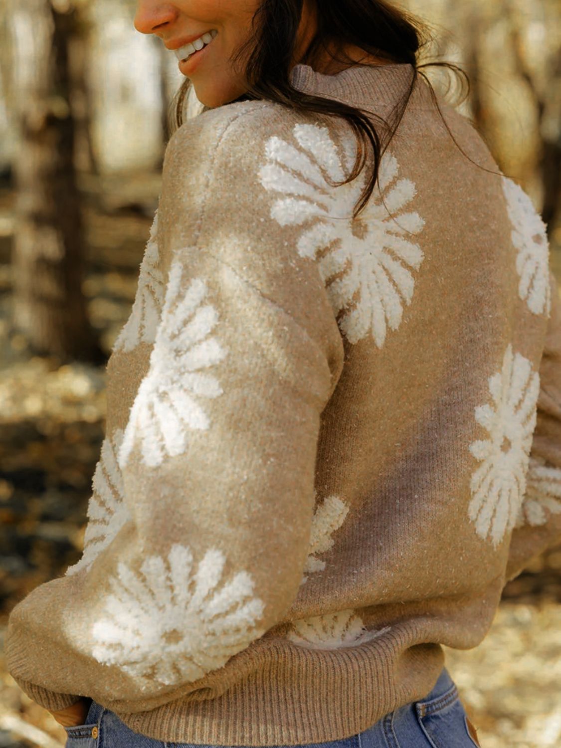 Flower Round Neck Long Sleeve Sweater - Charming Charlie