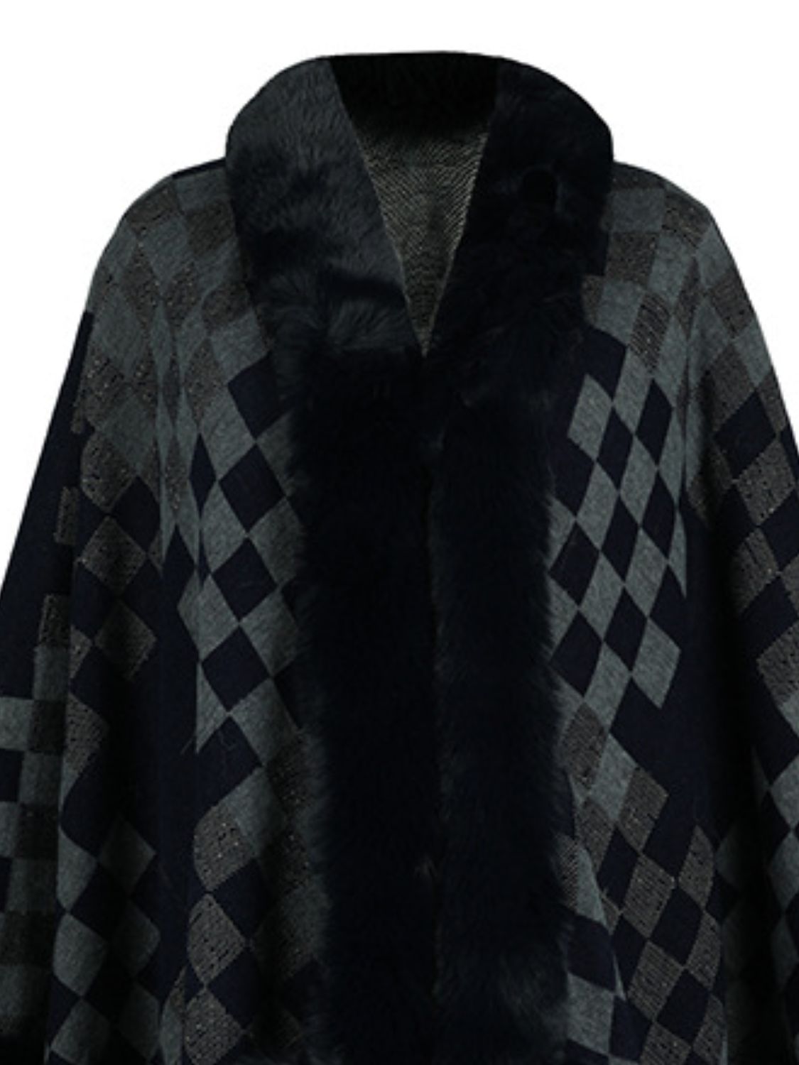 Fuzzy Checkered Long Sleeve Poncho - Charming Charlie
