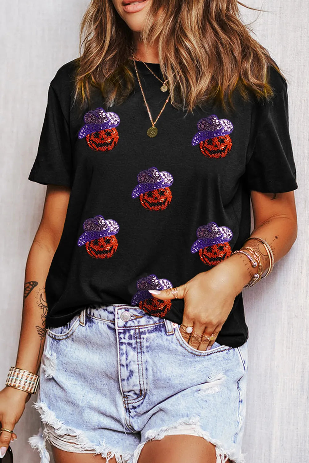 Sequin Pumpkin Round Neck Short Sleeve T-Shirt - Charming Charlie