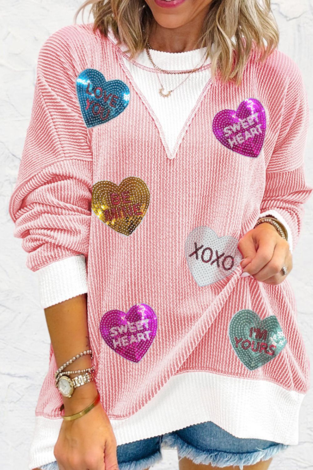Valentine’s Day Sequin Heart Long Sleeve Sweatshirt - Charming Charlie
