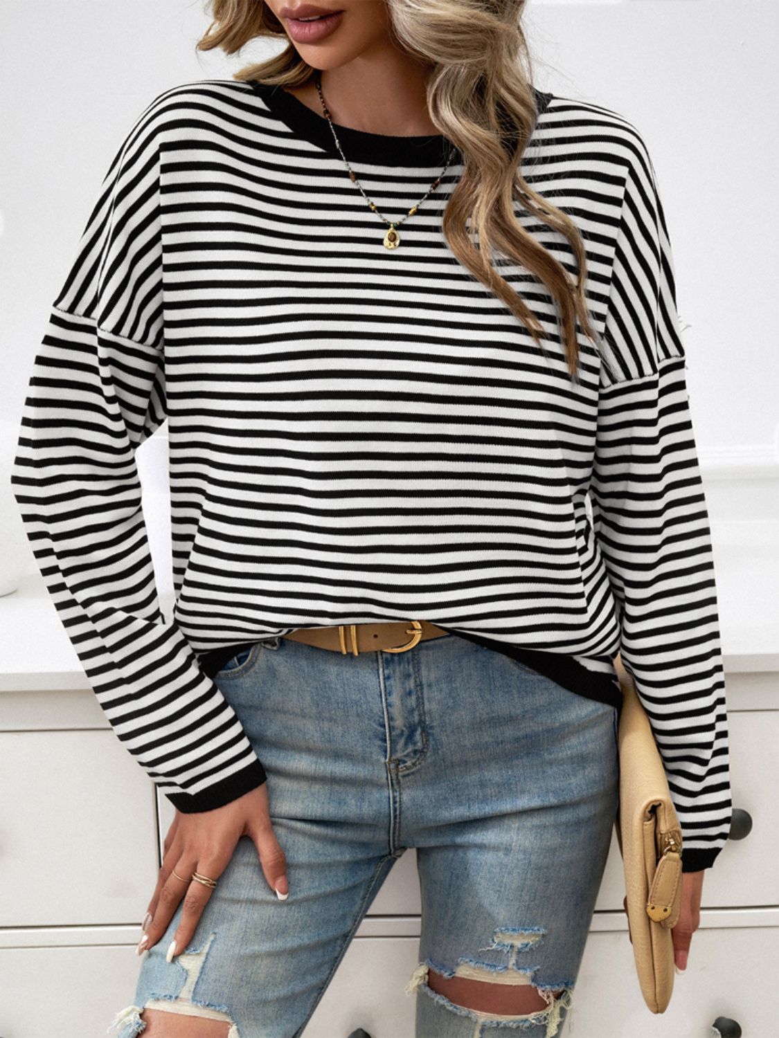 Striped Round Neck Dropped Shoulder Sweater - Charming Charlie