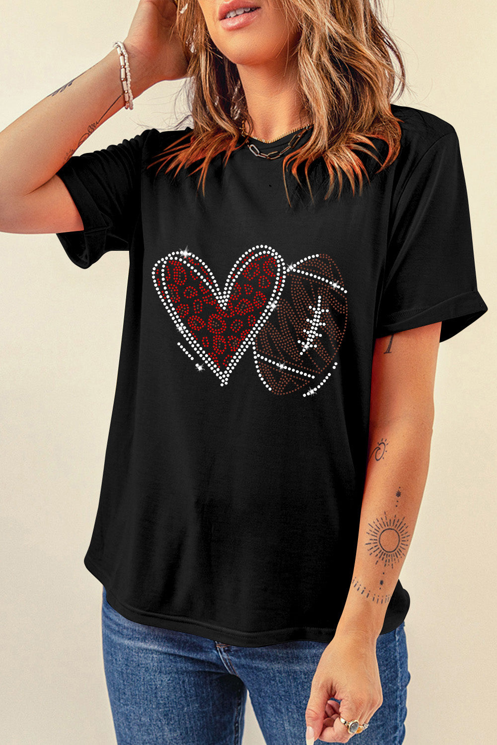 Rhinestone Round Neck Short Sleeve T-Shirt - Charming Charlie