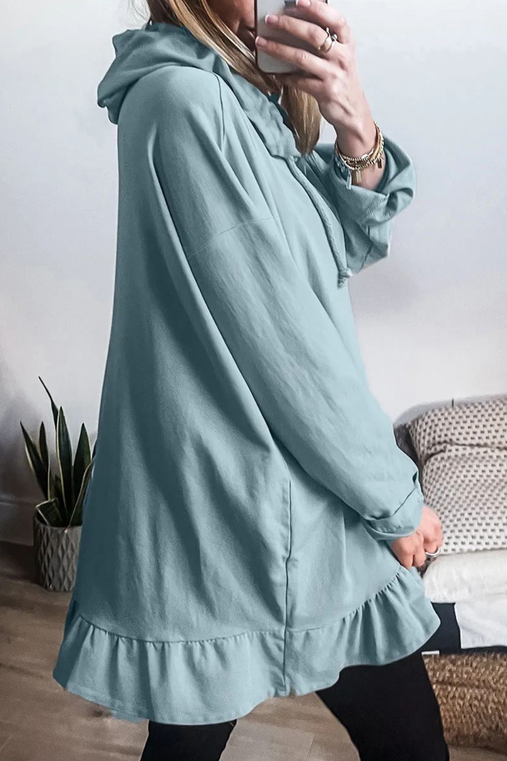 Drawstring Ruffled Dropped Shoulder Long Sleeve Hoodie - Charming Charlie
