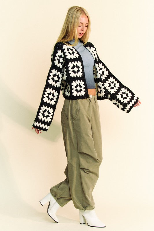 Davi & Dani Full Size Two Tone Flower Square Crochet Open Front Cardigan - Charming Charlie