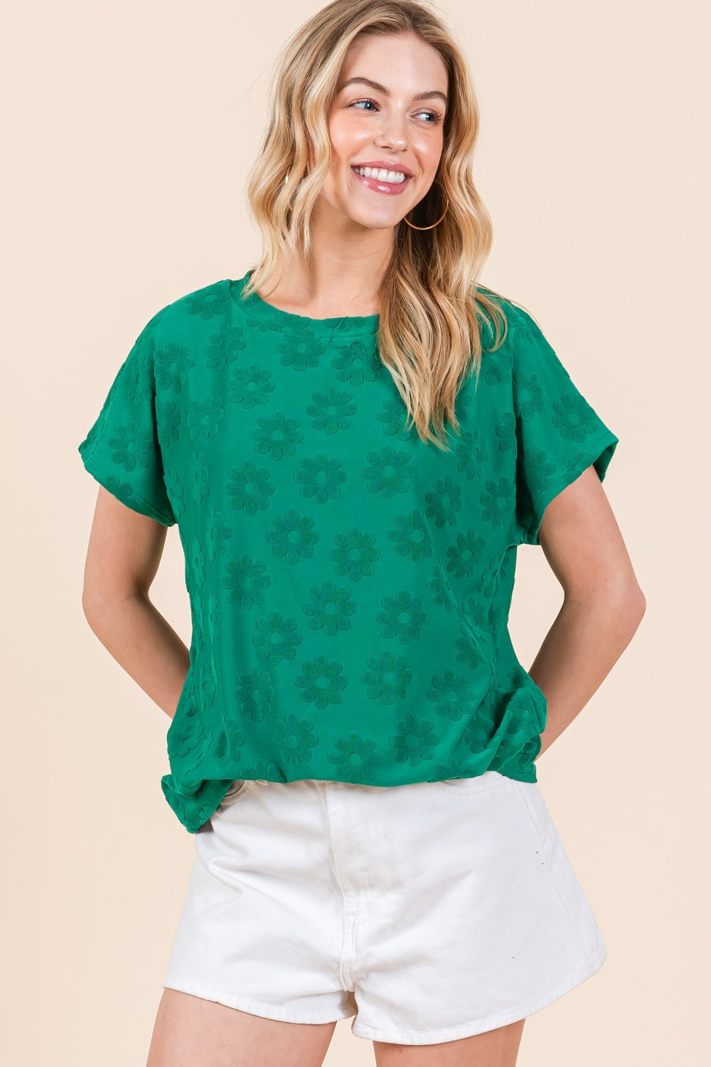 BOMBOM Textured Floral Pattern Short Sleeve T-Shirt - Charming Charlie