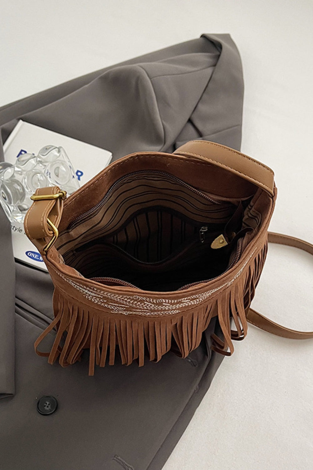 Suede Fringe Adjustable Strap Shoulder Bag - Charming Charlie
