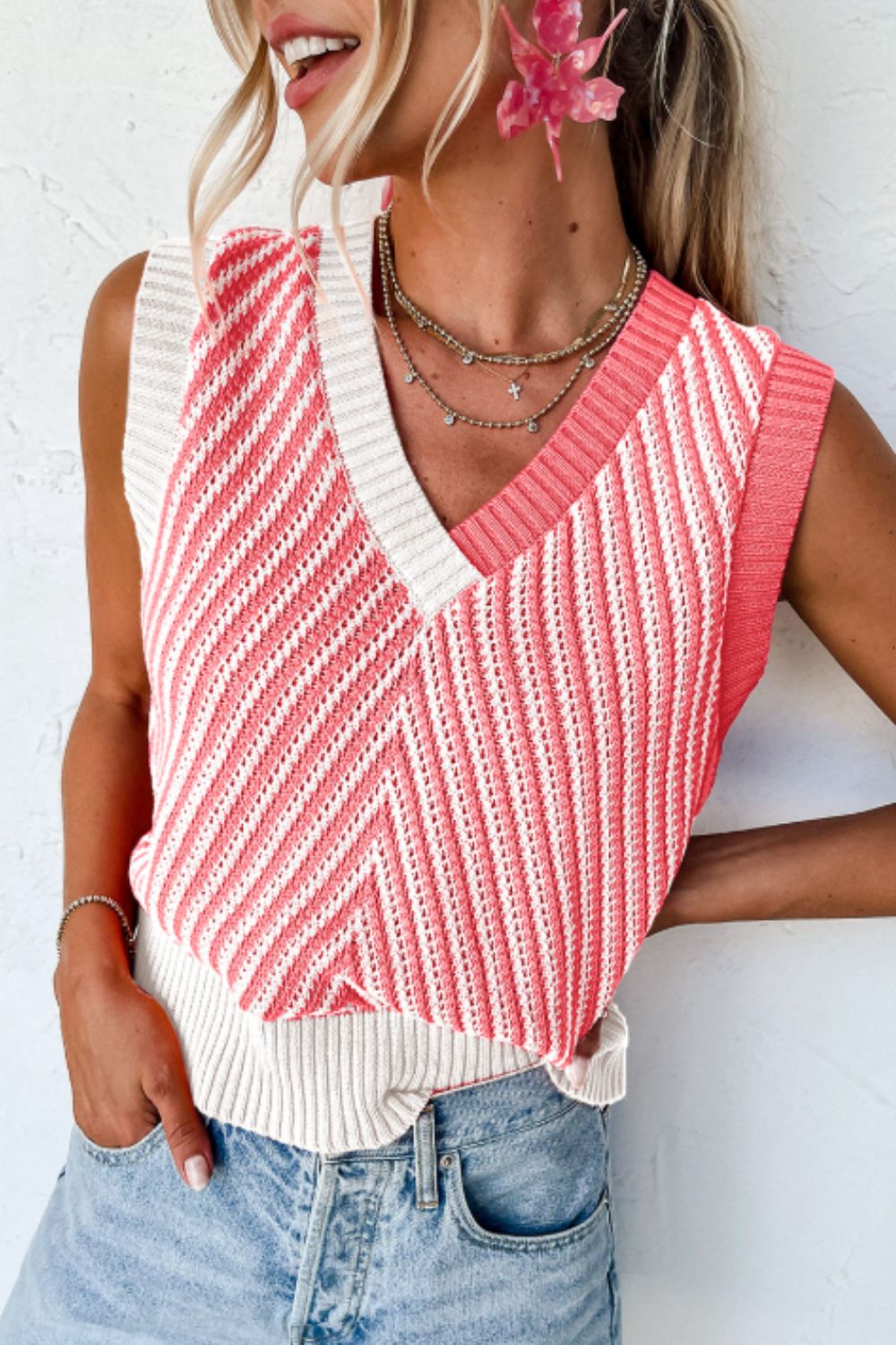 Striped Contrast V-Neck Sweater Vest - Charming Charlie