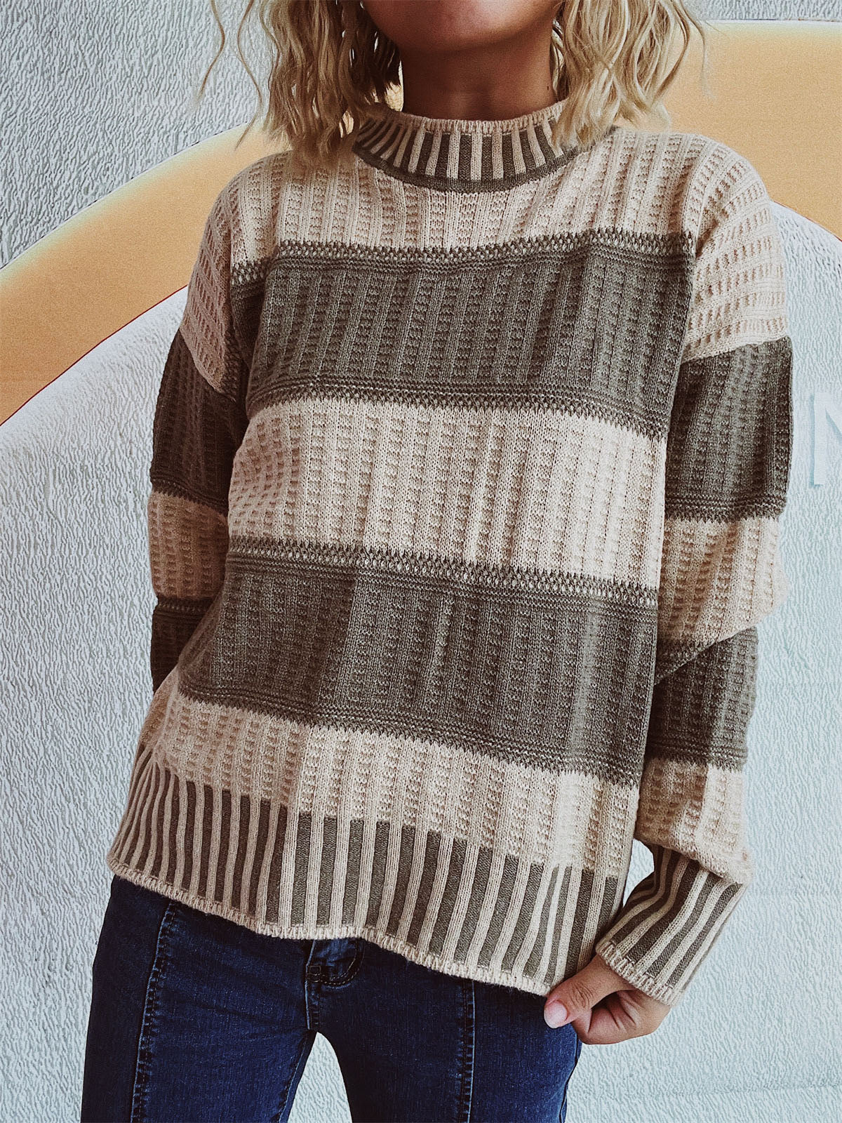 Contrast Round Neck Long Sleeve Sweater - Charming Charlie
