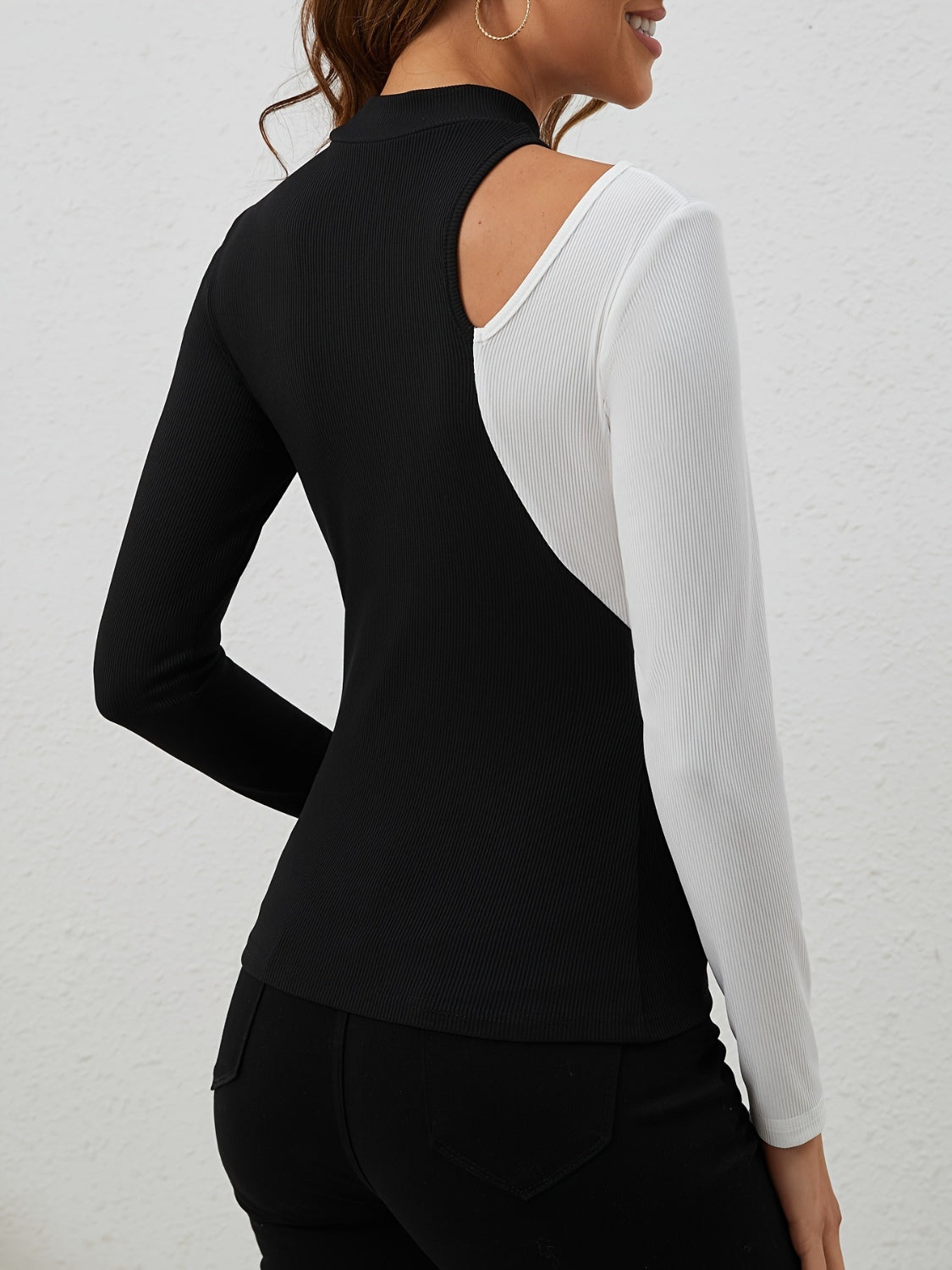 Cutout Contrast Mock Neck Long Sleeve T-Shirt - Charming Charlie