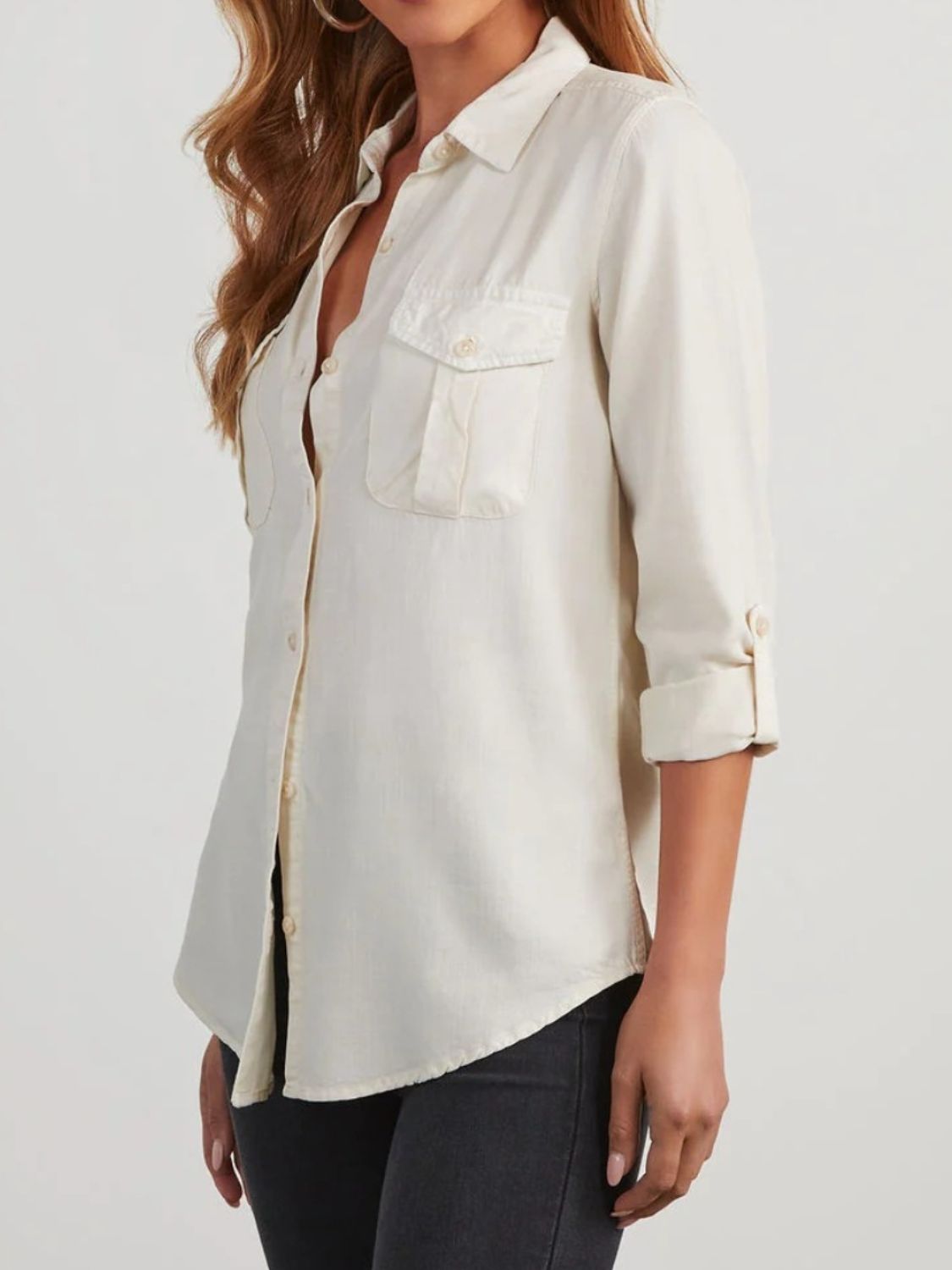 Collared Neck Roll-Tab Sleeve Denim Top - Charming Charlie