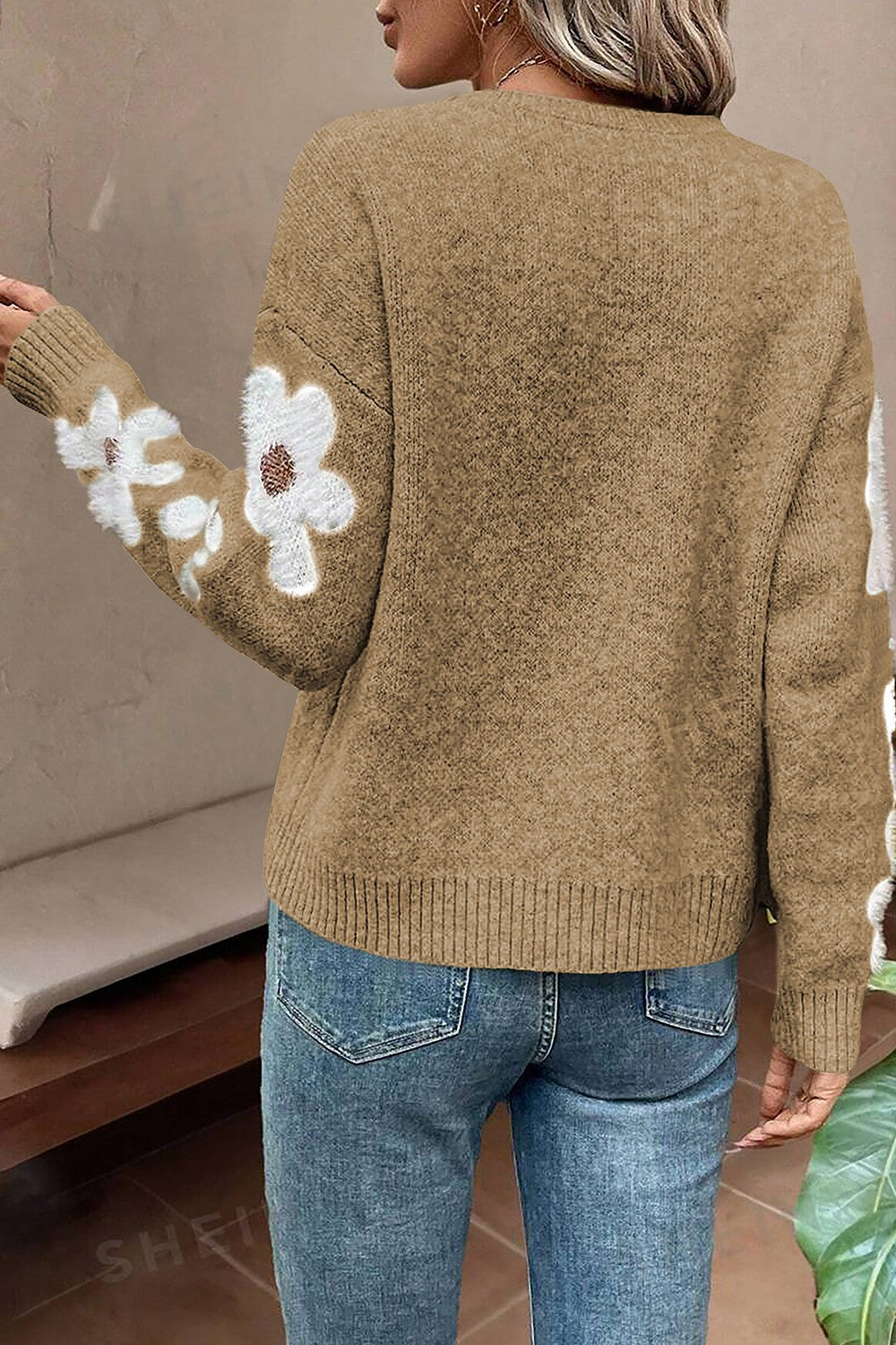 Flower Round Neck Long Sleeve Sweater - Charming Charlie