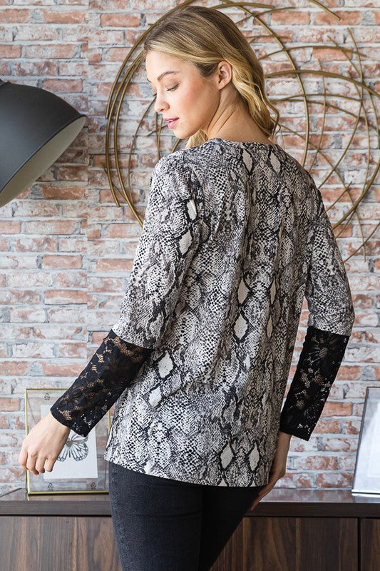 Heimish Full Size Snakeskin Print Round Neck Lace Contrast Top - Charming Charlie